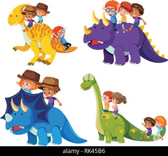 Children ride dinosaur on white background illustration Stock Vector