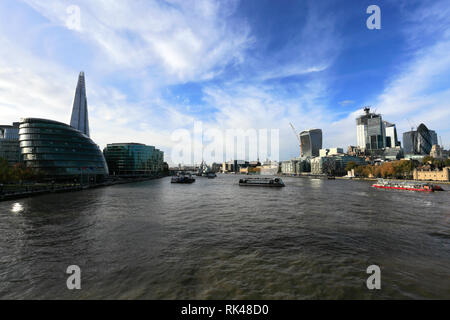 Autumn view, South and North Bank of the river Thames, London City, England, UK Stock Photo