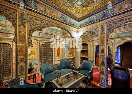 interior shot of ornated and decorated Kothari Patwa Haveli, Jaisalmer, Rajasthan, India Stock Photo