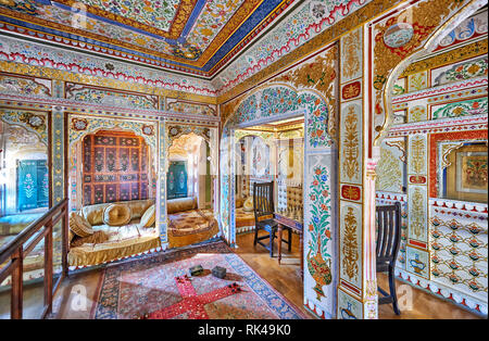 interior shot of ornated and decorated Kothari Patwa Haveli, Jaisalmer, Rajasthan, India Stock Photo