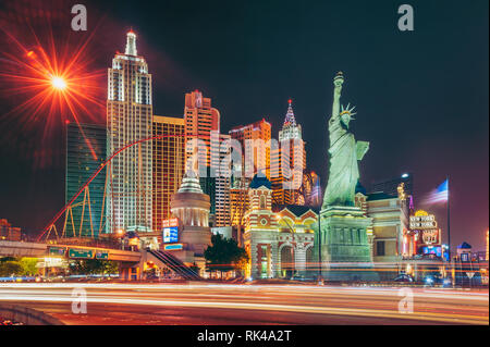 New York New York Hotel and Casino in Las Vegas along The Strip Boulevard in Las Vegas, Nevada, USA at night Stock Photo