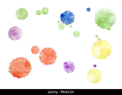 Set of watercolor blots isolated on white background. Green, red, purple, yellow and blue colors. Stock Photo