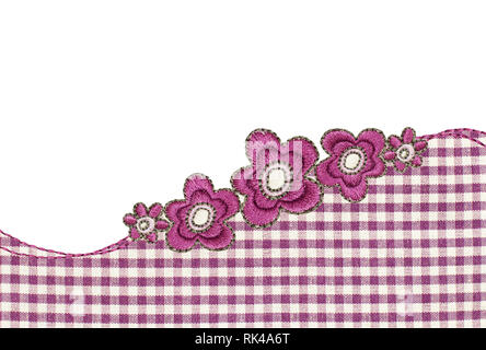 Purple and white checkered fabric with embroidered flowers in a wave arrangement for background Stock Photo