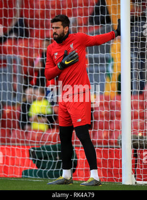 Liverpool goalkeeper Alisson Becker warms up before the Premier