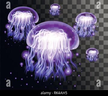 Transparent purple jellyfish on transparent background. Effect style jellyfishes. Effect style jellyfishes. Abstract glowing effect illustration. Stock Vector