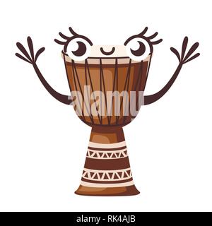 Cartoon character design. Traditional african music drum mascot. Music instrument dunoon. Flat vector illustration isolated on white background. Stock Vector