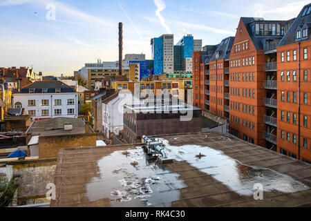 London, England / United Kingdom - 2019/01/29: Panoramic view of the Whitechapel district of East London with fusion of traditional and modernistic ar Stock Photo