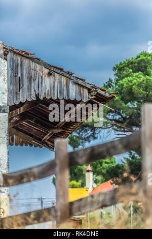 Detailed view of a older extension traditional roof on a abandoned train station building, in Portugal Stock Photo