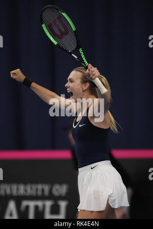 Great Britain's Katie Boulter celebrates victory during day four of the Fed Cup at Bath University. Stock Photo