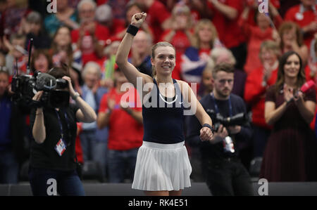 Great Britain's Katie Boulter celebrates victory during day four of the Fed Cup at Bath University. Stock Photo