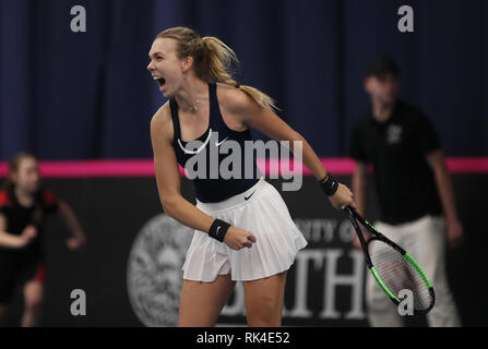 Great Britain's Katie Boulter celebrates victory during day four of the Fed Cup at Bath University. Stock Photo