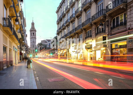 street scene at dusk with light trails Stock Photo