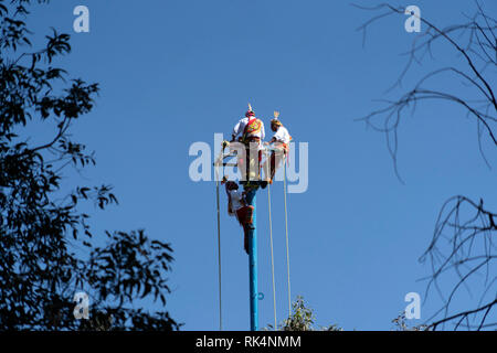 MEXICO CITY, MEXICO - JANUARY 30 2019 - The dance of flyers los voladores is an ancient Mesoamerican ritual still performed today to ask the gods to e Stock Photo