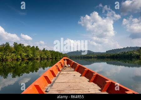Cambodia, Koh Kong Province, Andoung Tuek, prow of boat on Preak Piphot River, en route to Chi Phat Stock Photo