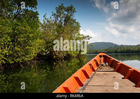 Cambodia, Koh Kong Province, Andoung Tuek, prow of boat on Preak Piphot River, [assign mangrove lined riverbank en route to Chi Phat Stock Photo