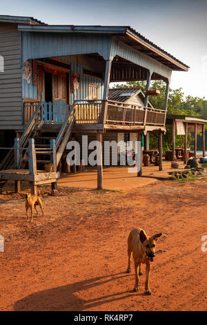 Cambodia, Koh Kong Province, Chi Phat village, house on stilts in main street at Preak Piphot River ferry Stock Photo