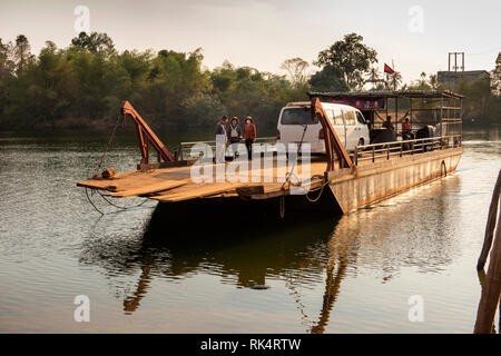 Cambodia, Koh Kong Province, Chi Phat village, Preak Piphot River ferry carrying minivan across river Stock Photo
