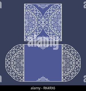 Wedding invitation or greeting card with classical ornament. Picture suitable for laser cutting or printing. White pattern on a blue background. Vecto Stock Vector