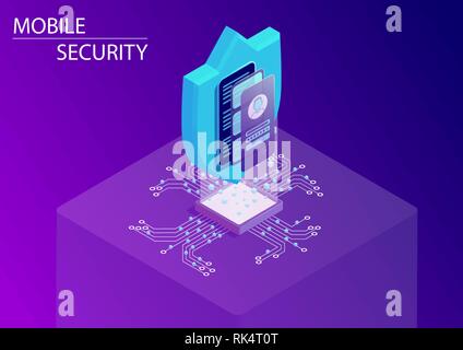 Mobile IT security concept with smartphone and login screen. 3d isometric vector illustration. Stock Vector