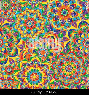 Bright seamless pattern in ethnic style. Ornament from colorful mandalas with a gold outline. Can be used for textile, paper, or gift wrapping. Vector Stock Vector