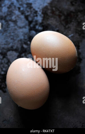 two hens eggs on metal tray Stock Photo