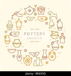 Pottery wheel, potter, clay horse, and other ceramic products in the icon set in flat style with a doodle. Circle template pottery workshop, ceramics classes banner illustration. Stock Vector