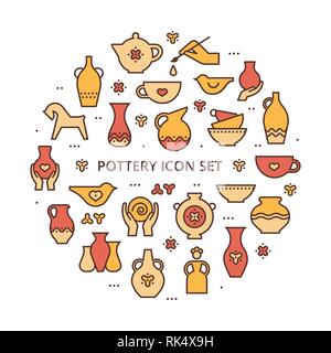 Circle template pottery workshop, ceramics classes banner illustration. Pottery wheel, potter, clay horse, and other ceramic products in the icon set in flat style with a doodle. Stock Vector