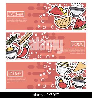 Indian food horizontal banners set with national dishes sauces and beverages isolated vector illustration Stock Vector