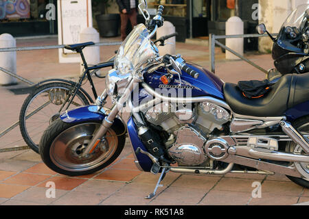 Nice, France - February 6, 2019: Modern And Beautiful Harley Davidson Motorbike Parked In The Street Of Old Nice, French Riviera, France, Europe