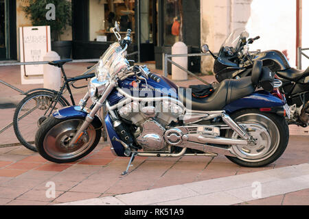 Nice, France - February 6, 2019: Modern And Beautiful Harley Davidson Motorbike Parked In The Street Of Old Nice, French Riviera, France, Europe Stock Photo