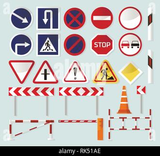Road barriers and signs isometric detailed icon set, vector graphic illustration design Stock Vector
