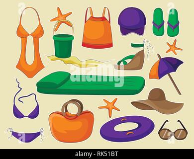 Summer and beach accessories. Summertime lifestyle objects. Vector illustration, EPS 10 Stock Vector