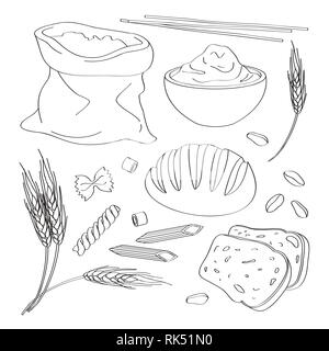 Thematic set of food products from wheat and flour. Vector illustration, EPS 10 Stock Vector