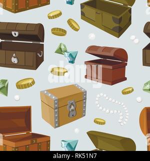 Hidden treasures set pattern. Sapphires and diamonds. Coins and emeralds. Vector illustration, EPS 10 Stock Vector