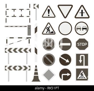 Road barriers and signs isometric detailed icon set, vector graphic illustration design Stock Vector
