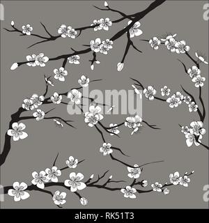 Set of realistic sakura japan cherry branch with blooming flowers. Nature background with blossom branch of pink sakura flowers. Stock Vector