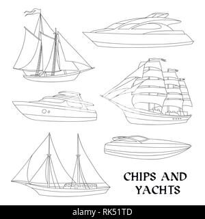 Ships and yachts set. Marine transport design elements and icons in flat style. Ocean travel concept. Stock Vector