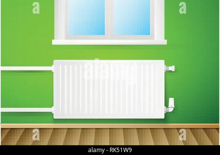 White realistic heating radiator on green wall with window Stock Vector
