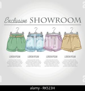 Color showroom set of woman casual clothes, shorts on hangers for clothes Stock Vector