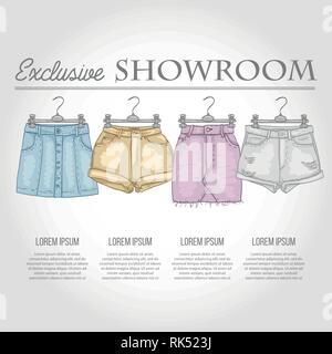Color showroom set of woman casual clothes, skirts and shorts on hangers for clothes Stock Vector