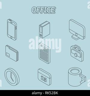 Office flat outline isometric set. Vector illustration, EPS 10 Stock Vector