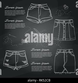 Set of woman casual clothes, skirts and shorts. Simple flat vector illustration on a chalkboard Stock Vector