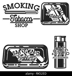Color vintage tobacco shop emblems. Smoke shop. Gentleman club badge, tobacco retail symbol vector illustration. Stock Vector