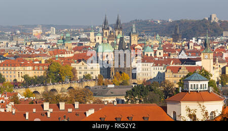 Prague - The city with the Charles bridge and the Old Town  in evening light.