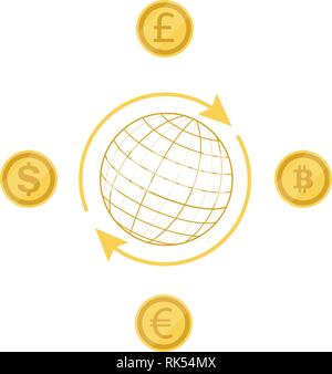Crypto currency exchange concept. Convert bitcoin to dollar, pound, euro Stock Vector