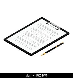 Vector illustration isometric test, exam paper on clipboard and fountain pen. Exam, or survey concept icon. School test. School exam. Stock Vector