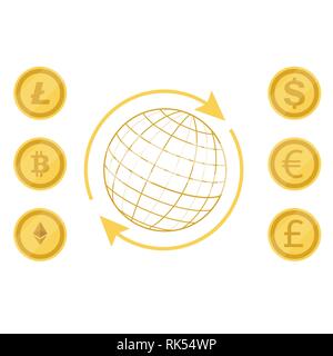 Crypto currency exchange concept. Convert bitcoin, litecoin to dollar, pound, euro Stock Vector