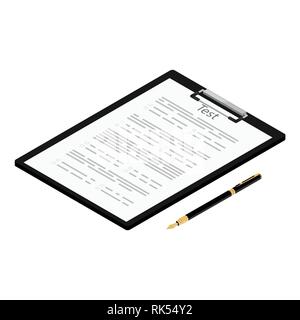 Vector illustration isometric test, exam paper on clipboard and fountain pen. Exam, or survey concept icon. School test. School exam. Stock Vector