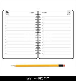 Vector illustration open diary, planner or notebook and pencil with eraser in flat style. Office and business supplies for lists, reminders, schedules Stock Vector