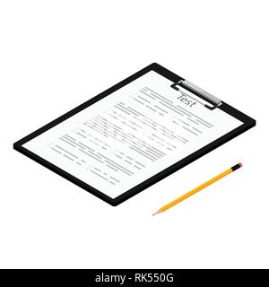 Vector illustration isometric test, exam paper on clipboard and pencil. Exam, or survey concept icon. School test. School exam. Stock Vector